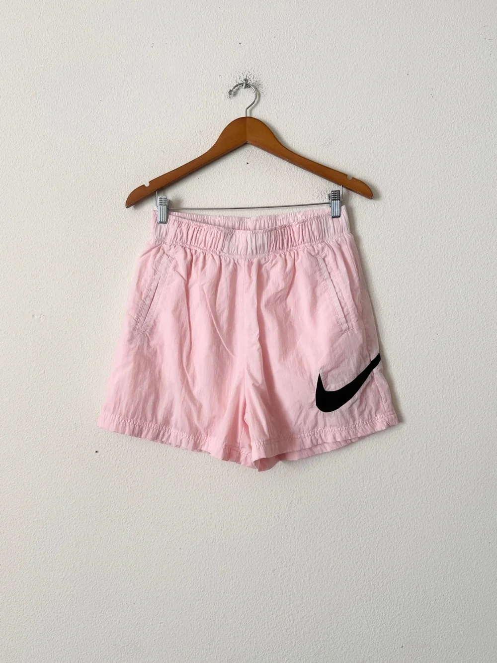 Nike MEDIUM high rise clash black swoosh light pink pocketed shorts